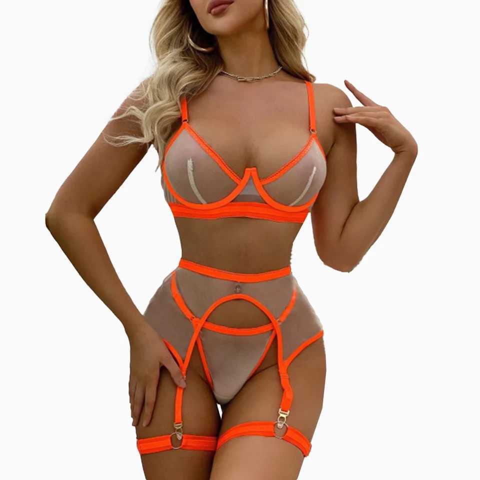 Sexy lingerie set for women 3-piece neon colored mesh lingerie set transparent hollow breathable bra T-back bikini underwear garter belt setXJ250420