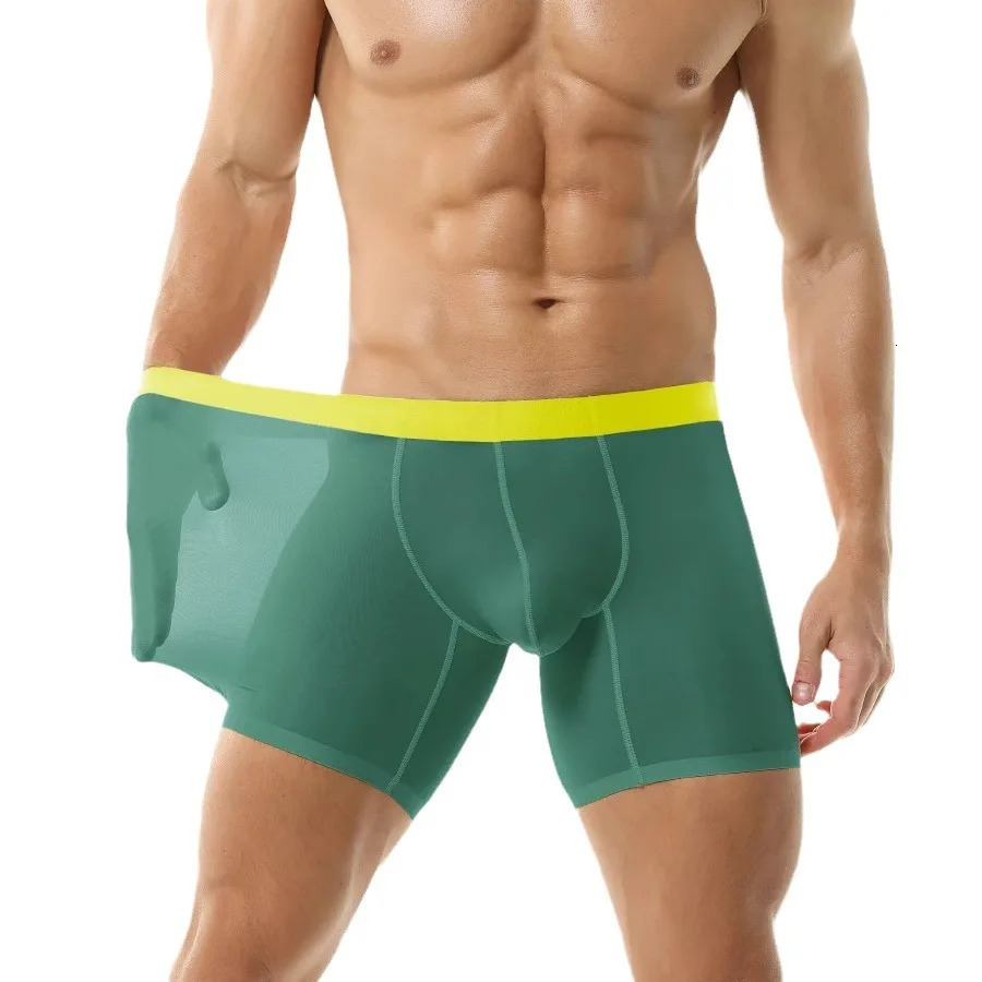 Sexy Mens Underwear Ice Silk Ultra Thin Long Leg Boxing Shorts Breathable Raised Pocket Length 250417