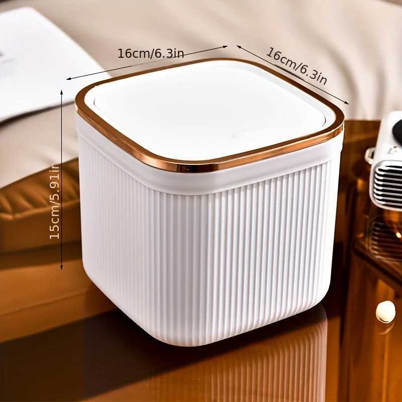 Square Press Type Mini Trash Can Quiet Close Elegant Ribbed Design with Golden Accents Plastic Desktop Bin Bathroom Home Use C251120