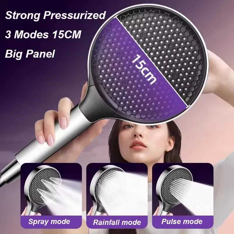 New Black Silver 15CM Large Flow Pressurized Shower Head 3 Mode Adjustable Spray Nozzle Rainfall Showerhead Bathroom AccessoriesM251120