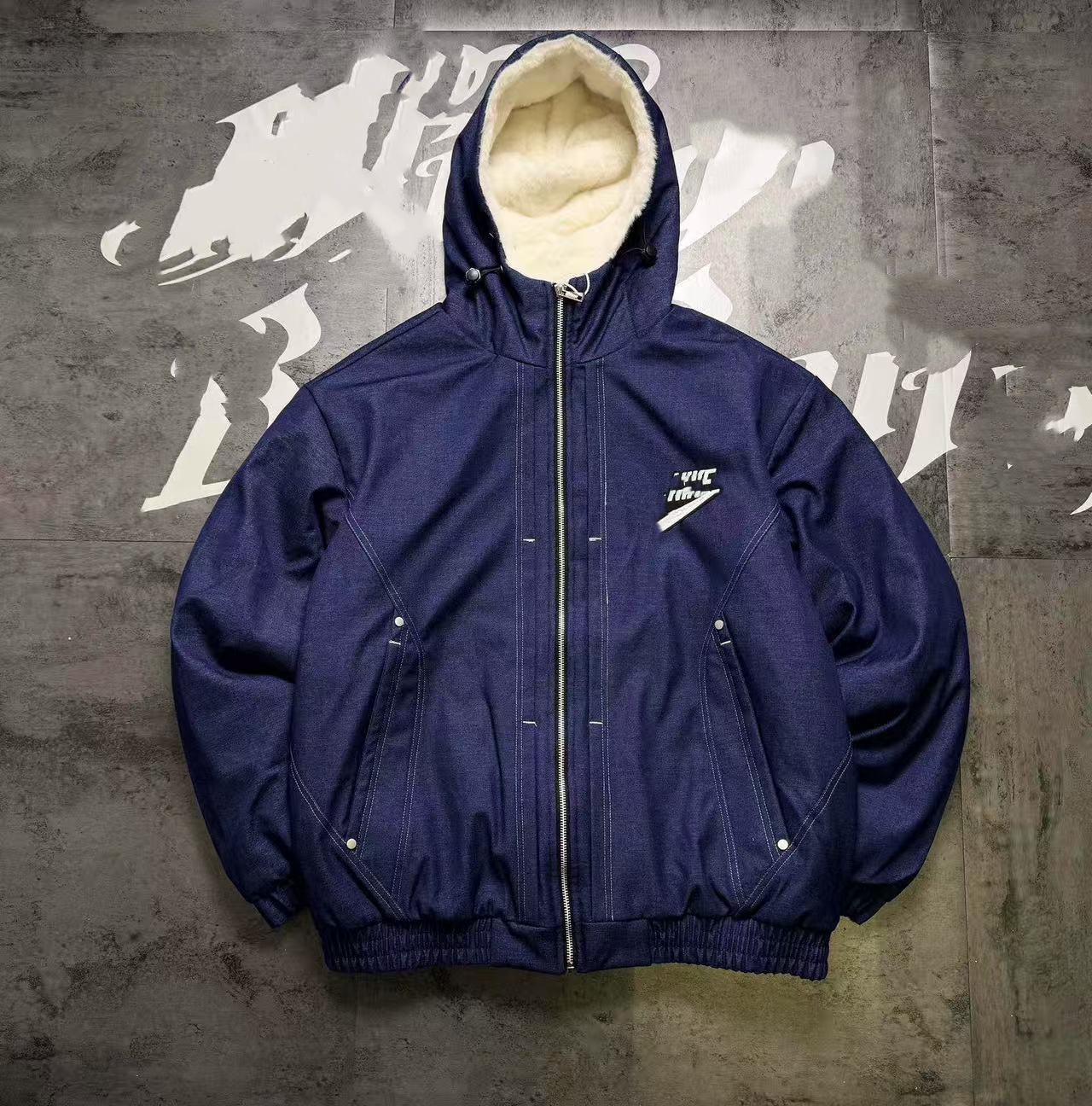 Retro imitation denim washed fiber cotton plus down men and women hooded cotton coat cardigan