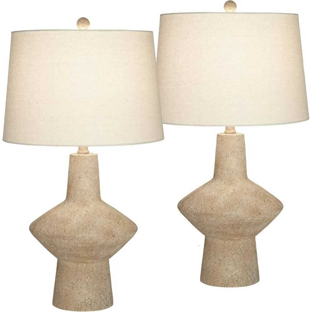 26 3/4 Tall Geometric Rustic Mid Century Modern Coastal Table Lamps Set of 2 Beige Living Room Bedroom Bedside M251120