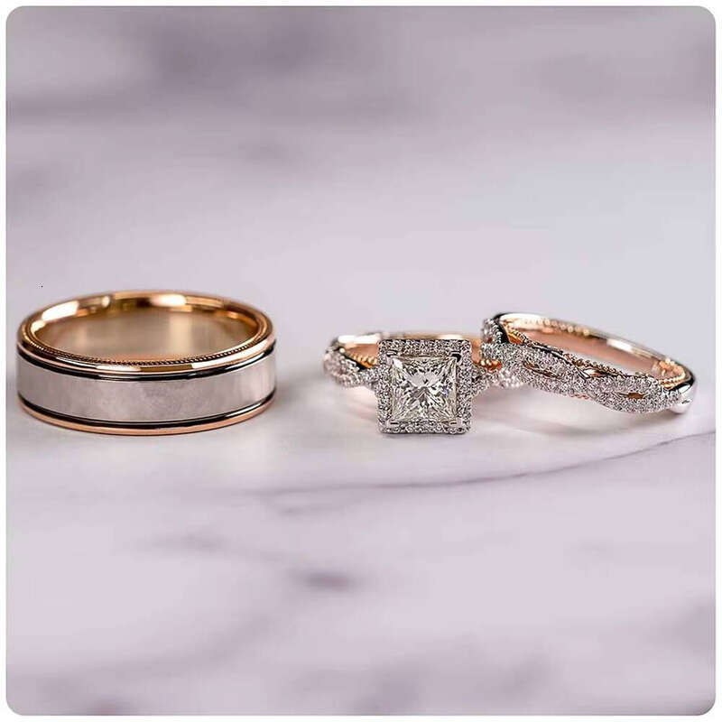 2pcs Grass Stone Engagement hip-hop moissanite Women's Valentine Party Jewelry Silver/Rose Gold Plated Unisex Wedding Ring Set - view 6