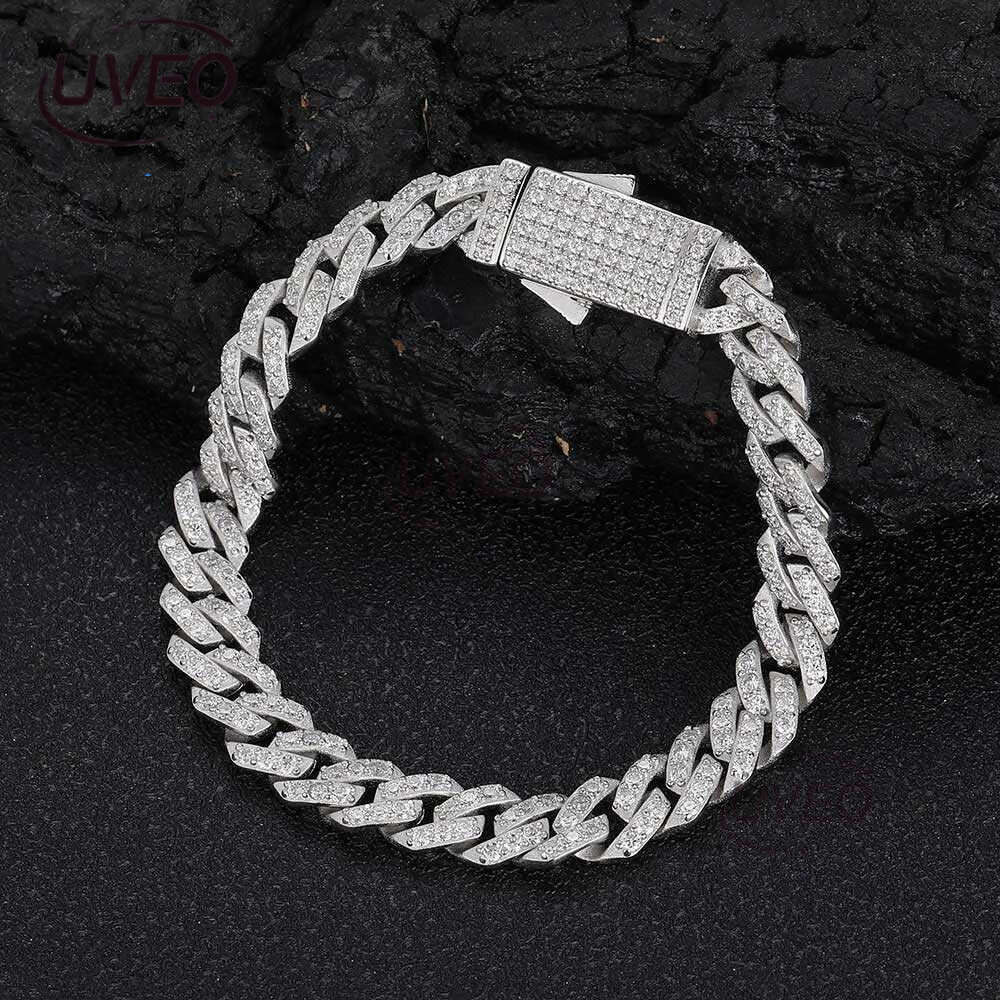 Nuoya Jewelry 8mm Prong Cuban k Chain Iced Out Pass Dia Tester VVS Moissanite Sterg Sier Necklace