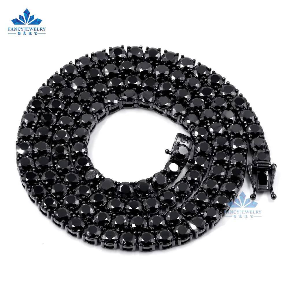 Fancy Jewelry Iced Out Tennis Chain Necklace 925 Sterling Silver Diamond 4mm Black Moissanite Tennis Chain