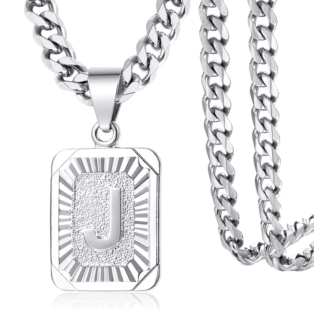 Stainless Steel A-Z Letter Necklace For Men Women Square Name Initial Pendant With 5mm Curb Cuban Chain