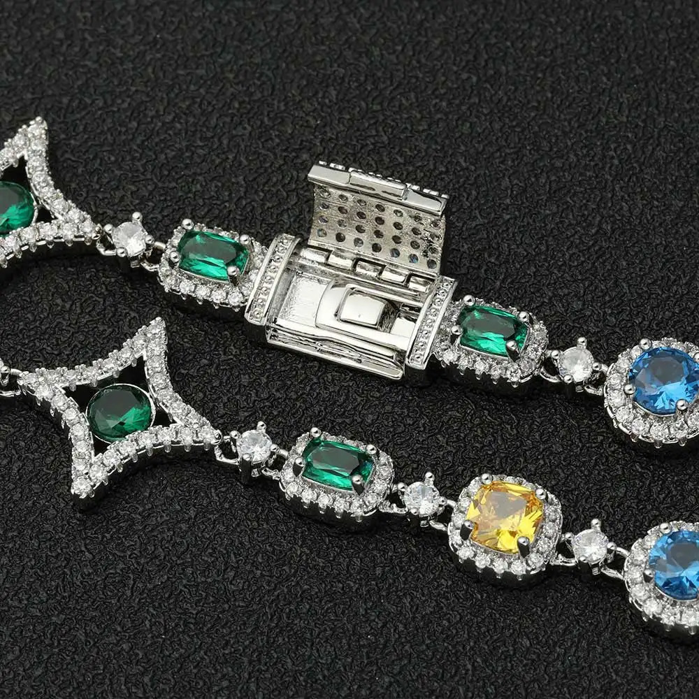 Hip hop jewelry fashion colored zircon ice out necklace womens crystal gemstone chain bracelet platinum goldplated 250420