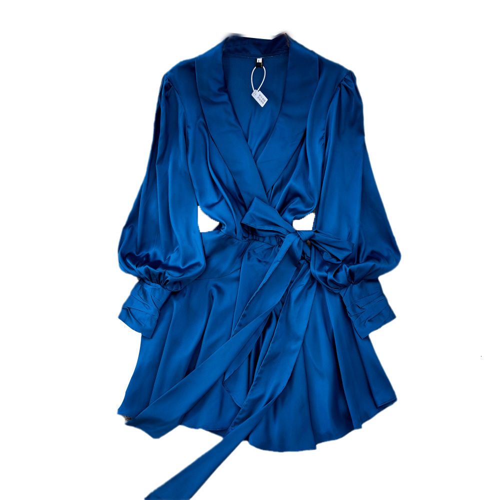 Women Senior Satin Sexy Dress Fashion Deep V Neck Bandage French Spring Lantern Sleeve Pleated Wrap Dress 241116