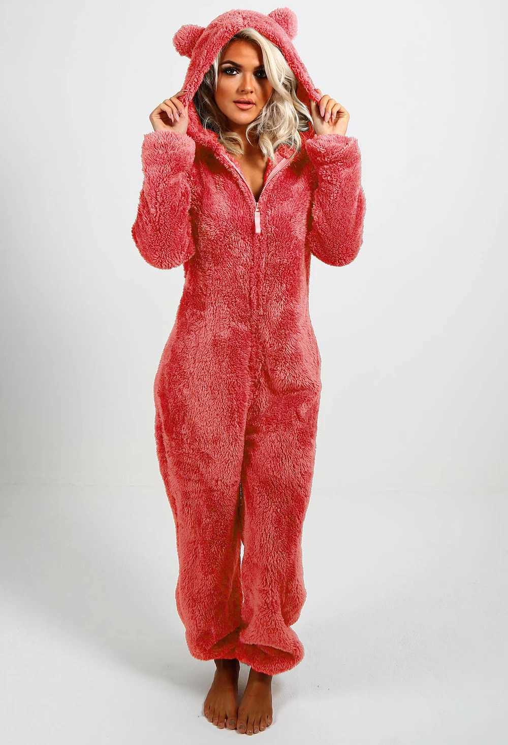 Winter Warm Sleepwear Home Clothes Cute Cat Ear Onesies Pyjamas Fluffy Fleece Hooded Jumpsuit Playsuit Pajama For Women Overalls Y250906
