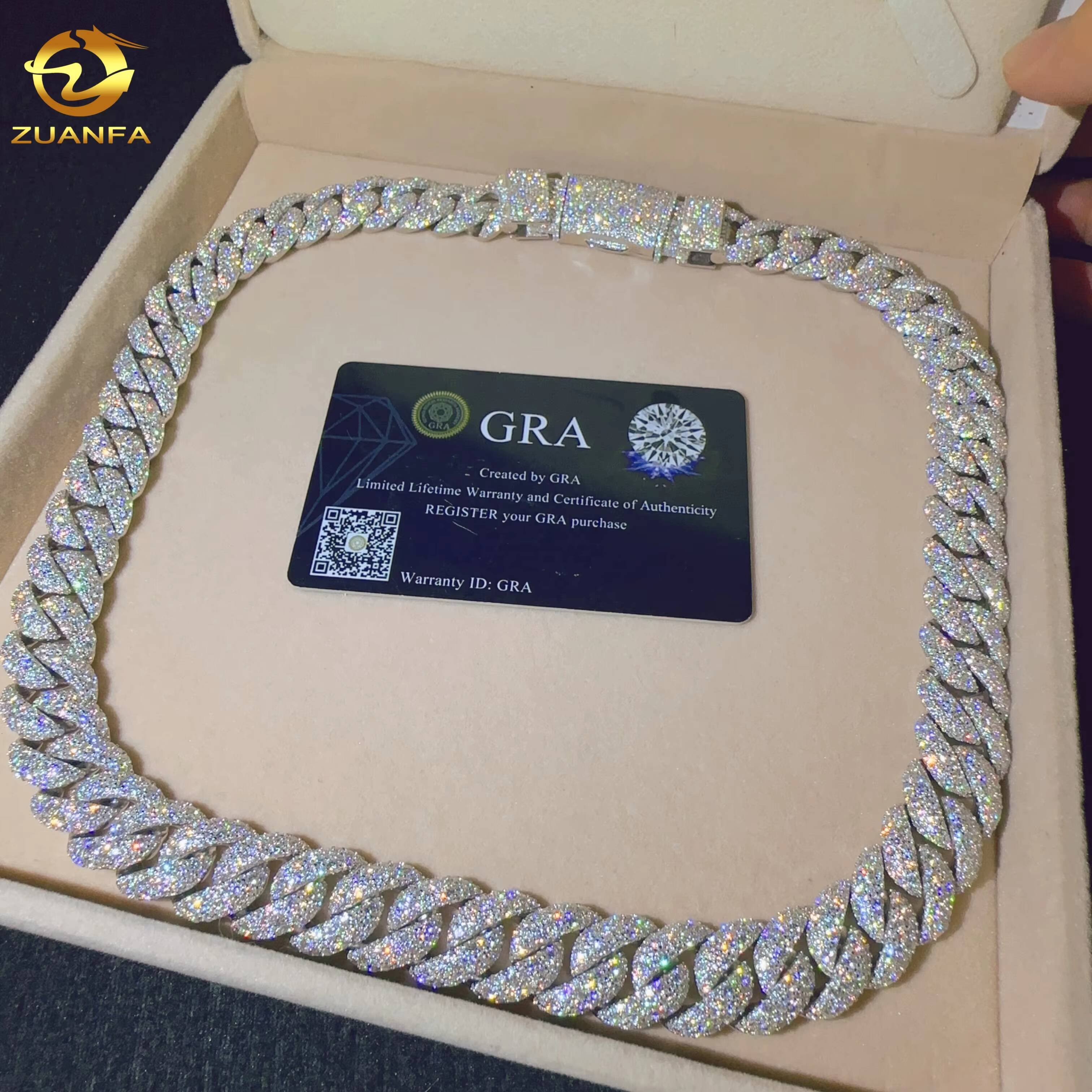 Hip Hop Jewelry Men Cuban Necklace Sterling Silver 925 D Color VVS Moissanite Diamond 15MM Width Cuban Link Chain