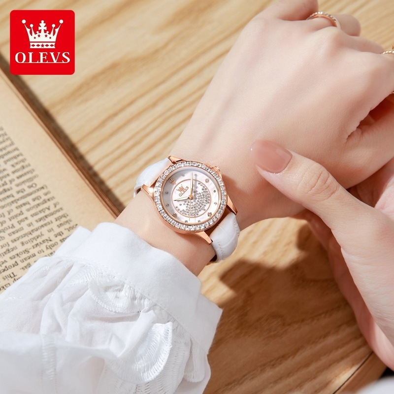 OLEVS Designer Women's Watches Starry Diamond Rings Leather Straps Luminous Waterproof Quartz Watches Luxury Women's Watches Free Delivery