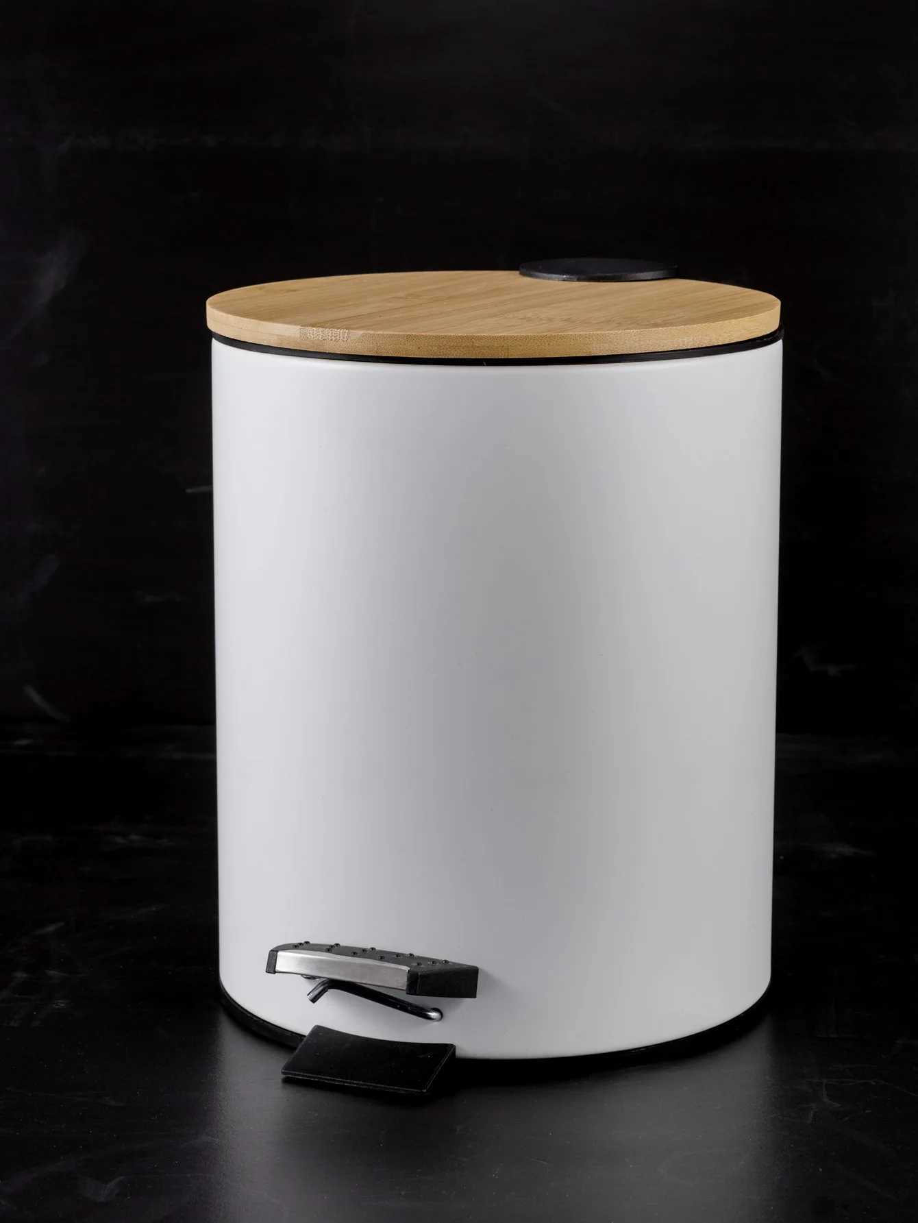 Room White Round Metal Trash Can with Bamboo lid and Pedal 5L Garbage Container Bin with Removable Inner Wastebasket Bathroom C251120