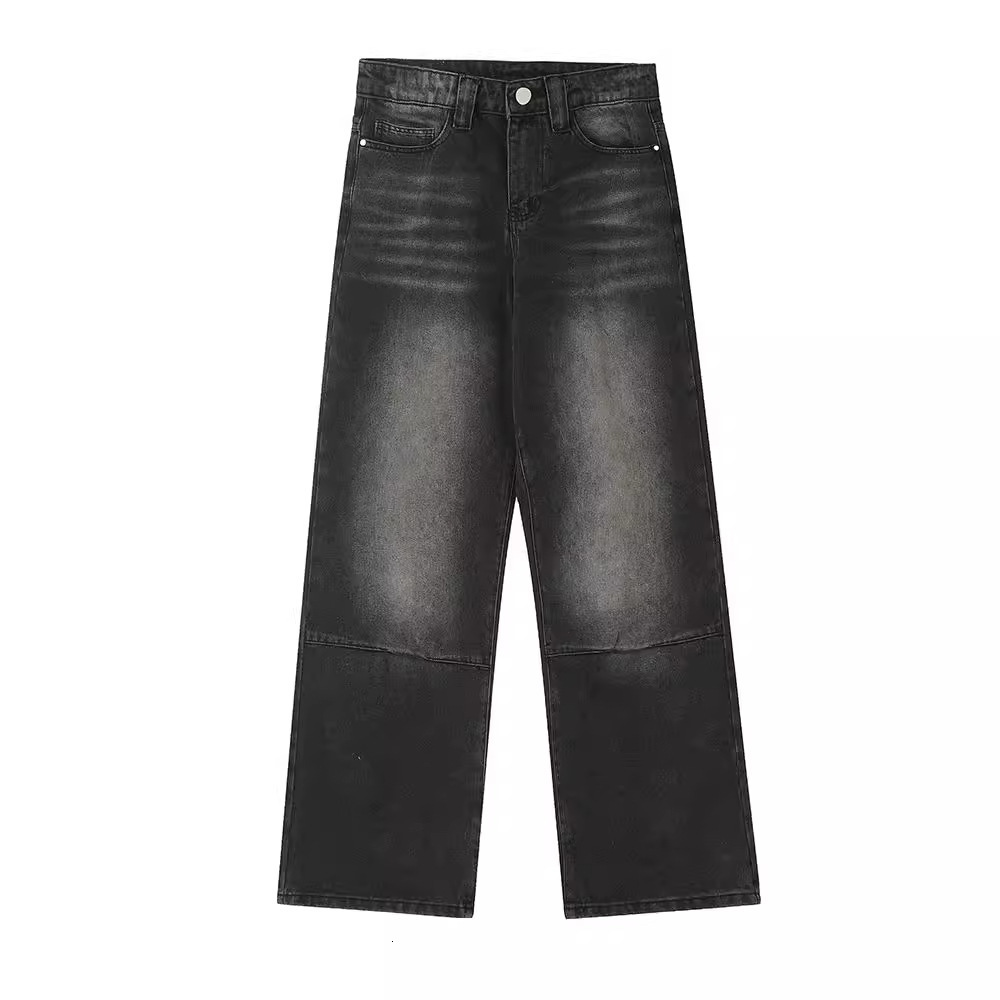 High street American washed vintage Gothic letter embroidered jeans unisex trendy brand loose wide leg straight leg pants 240619