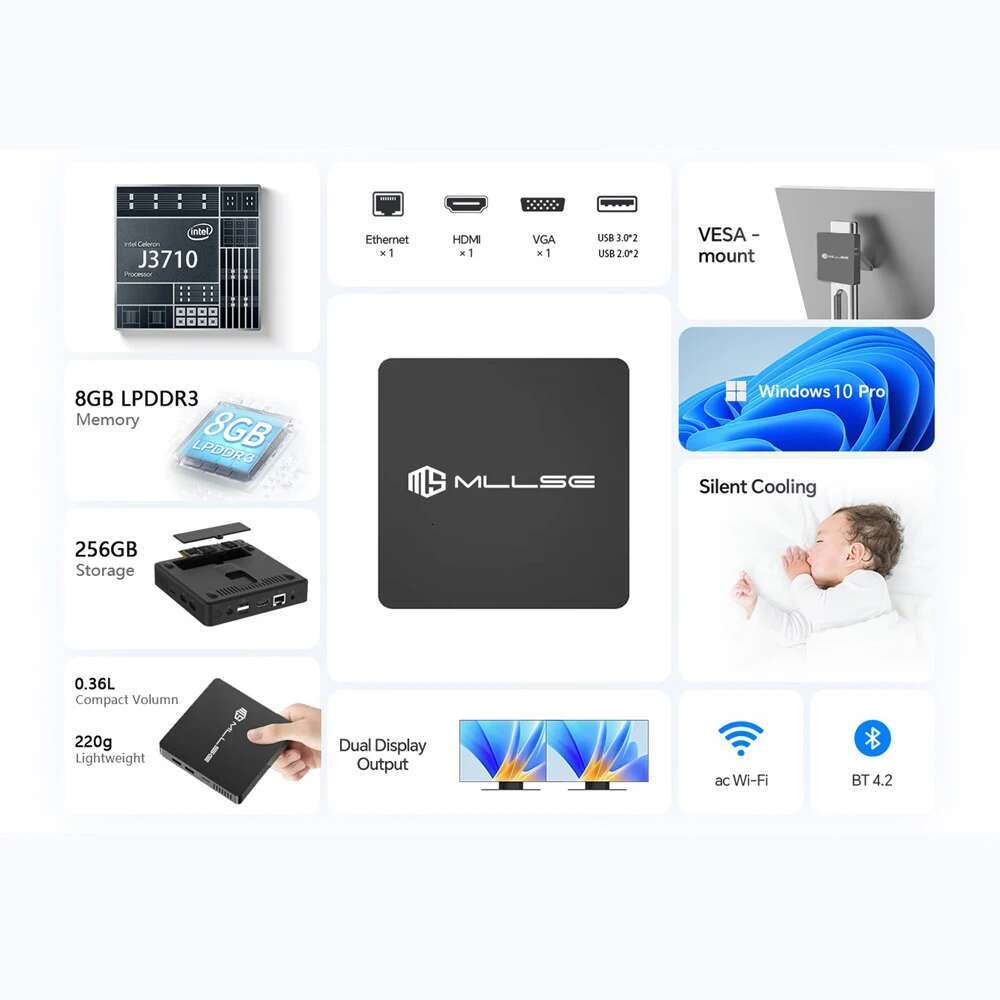 MLLSE M2 Pro Mini PC Powerful 8GB RAM 256GB SSD Intel J3710 Windows 10 - Compact Ideal for Home Business Gaming