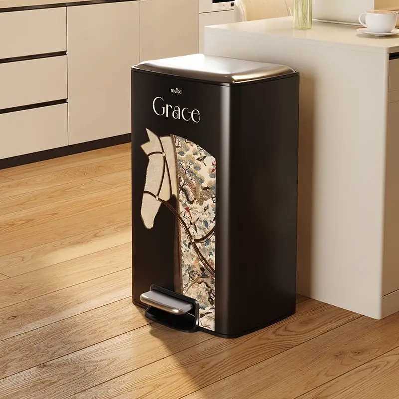 luxery Stainless Steel Waste Bins Foot Pedal Trash Cans Kitchen Modern Litter Bin Living Room Large Capacity Garbage Can with Lid C251120