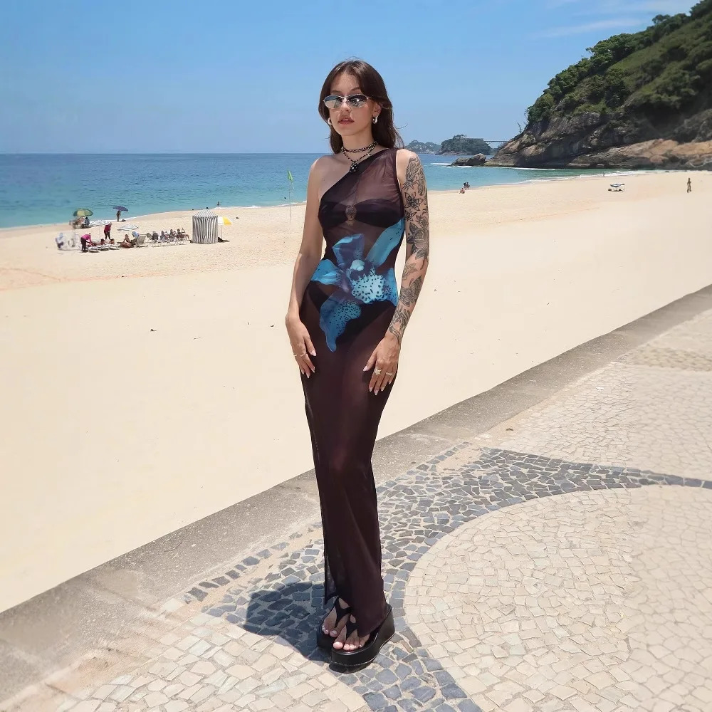 Womens Clothing Summer Slim One Shoulder Sleeveless Printed Perspective Contrast Color Dress Elegant Party 250420