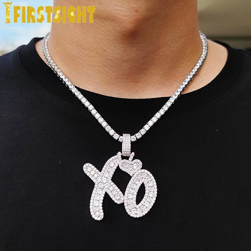 Iced Out Bling Letter XO Pendant Necklace Gold Silver Tennis Chain Zircon Heart Charm Mens Hip Hop Jewelry 250420