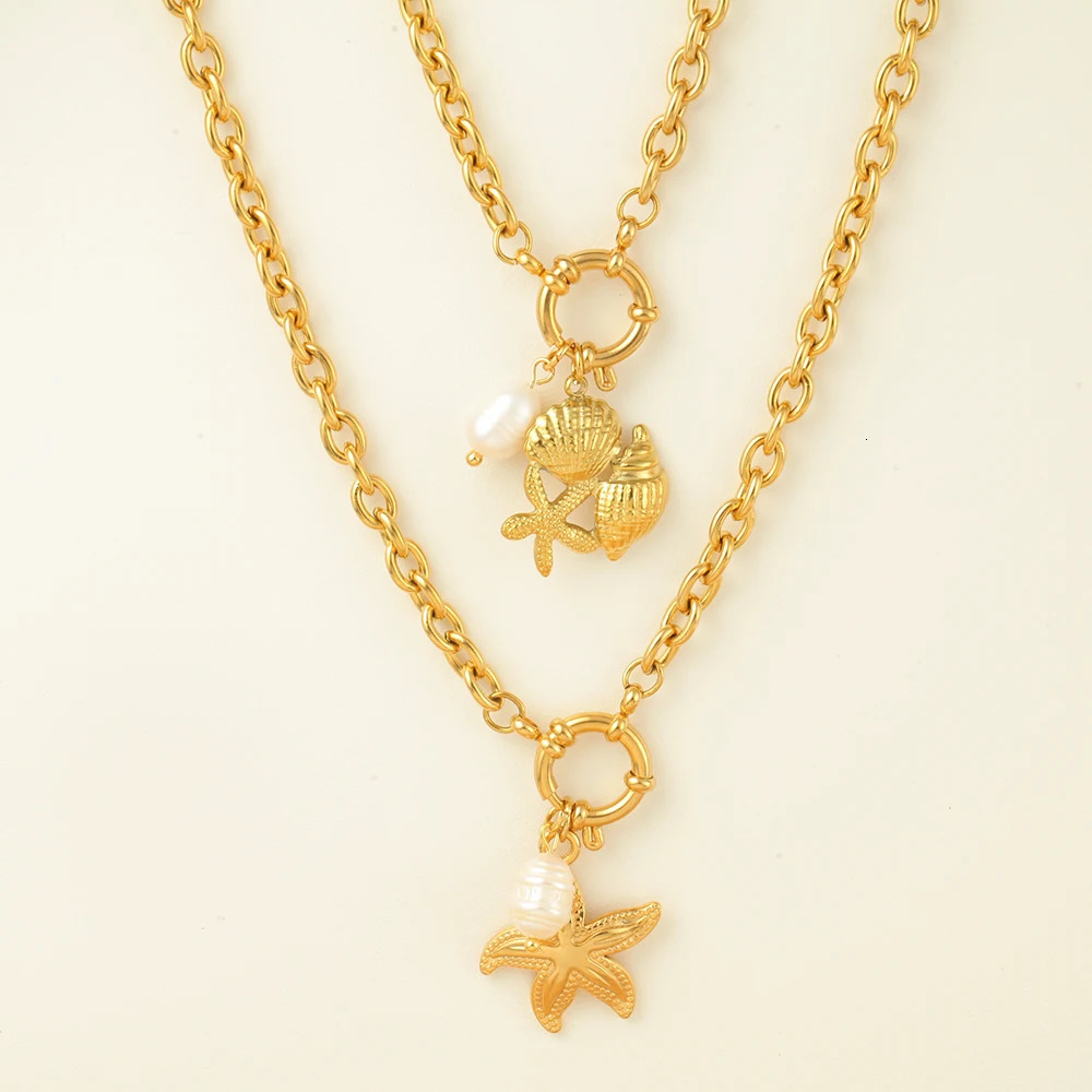 Gold necklace spring buckle womens freshwater pearl stainless steel shell dolphin pendant jewelry set 250420