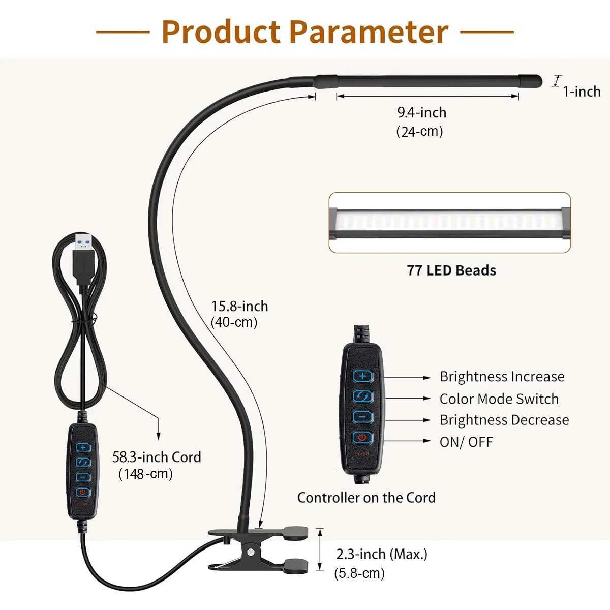 10W LED Desk Lamp with Clamp Dimmable Clip On Reading Light 10 Brightness Level 3 Lighting Modes Flexible Study Table Lamp USB M251120