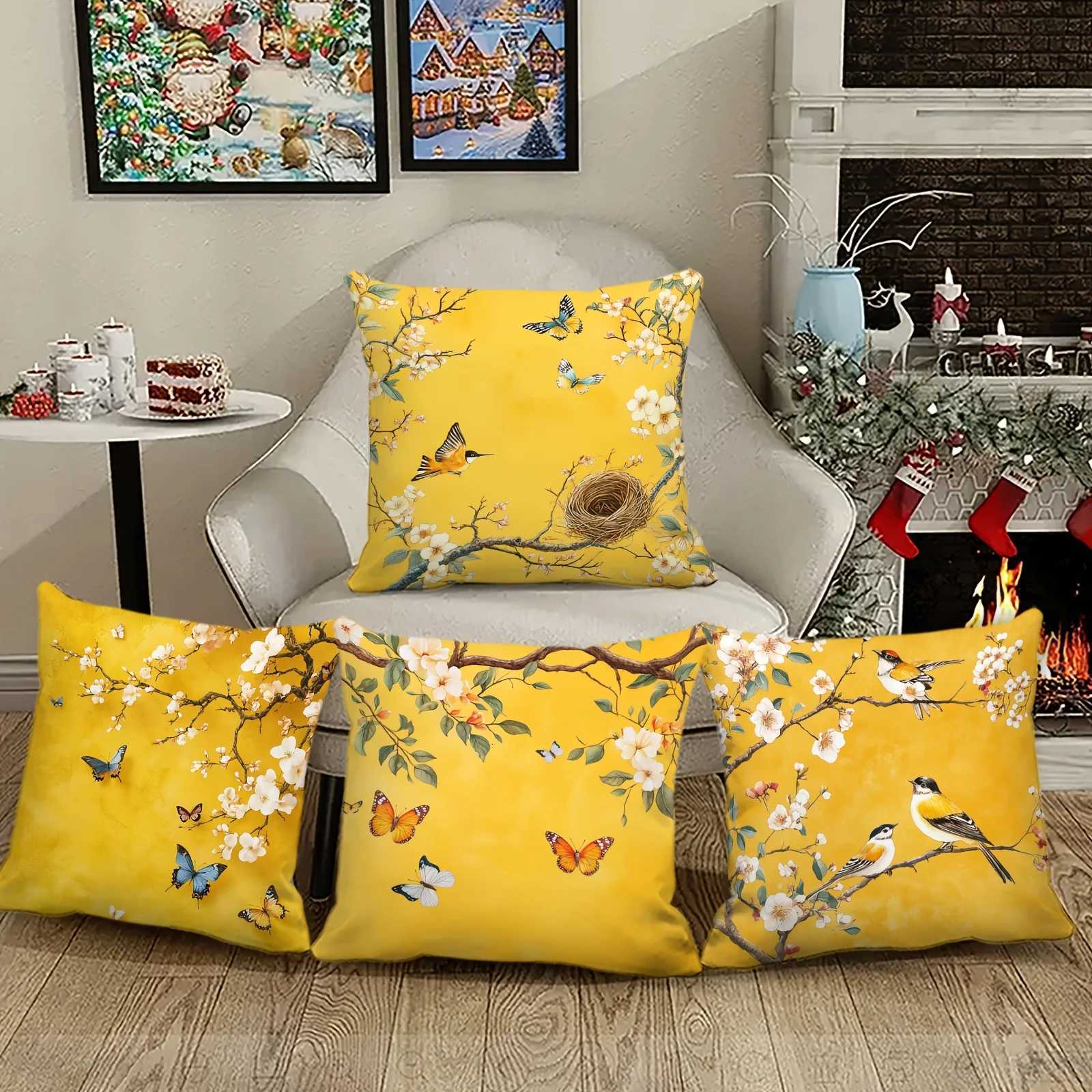 Pillow Case 4Pcs Spring Blossom Covers - Elegant Peach Flower Butterfly Design for Living Room/Bedroom Decor C251120