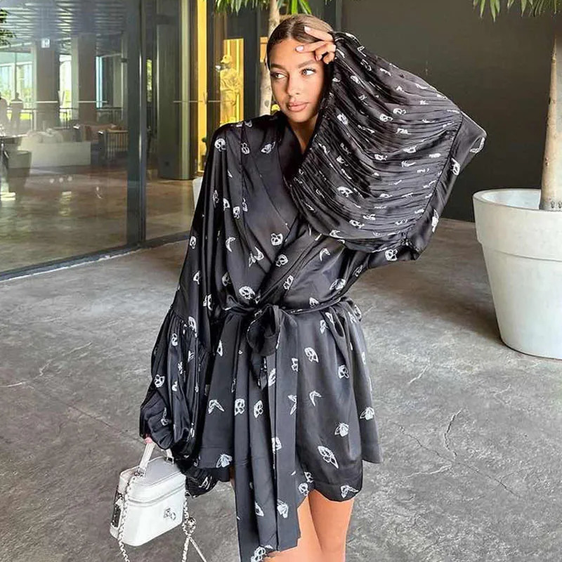 Butterfly Printed Casual Womens Clothing n Puff Pajama Satin Pendant Aline Ski Club Vestdos 250420