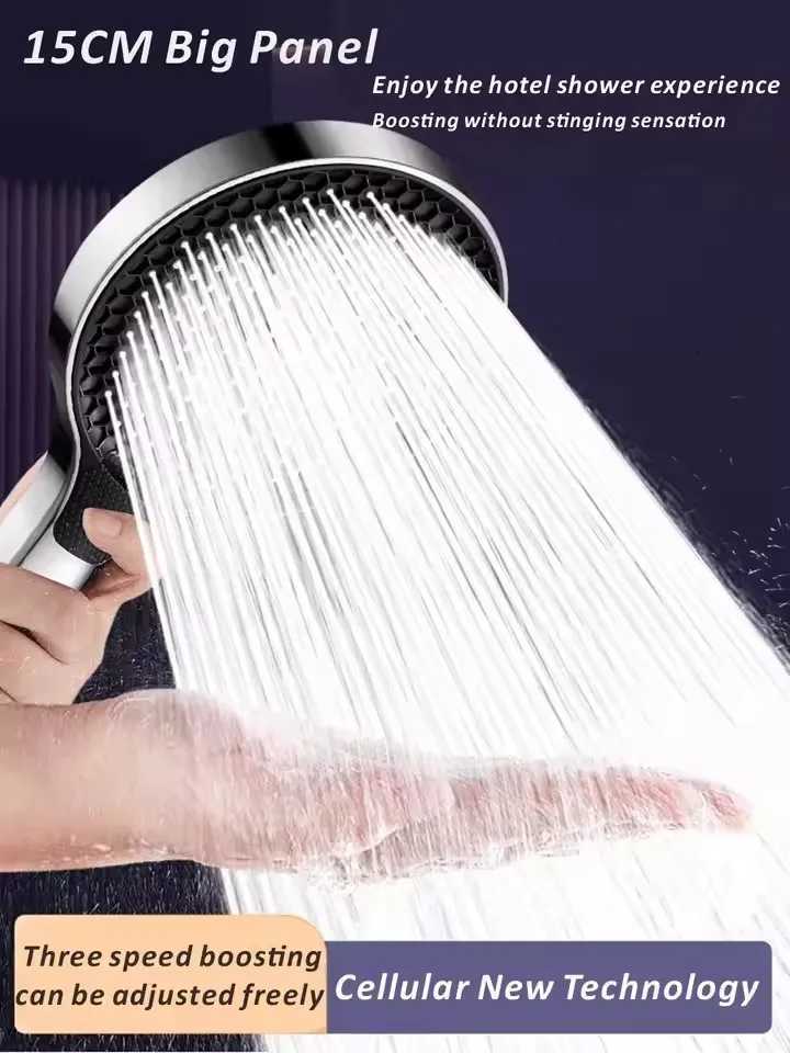 New Black Silver 15CM Large Flow Pressurized Shower Head 3 Mode Adjustable Spray Nozzle Rainfall Showerhead Bathroom AccessoriesM251120