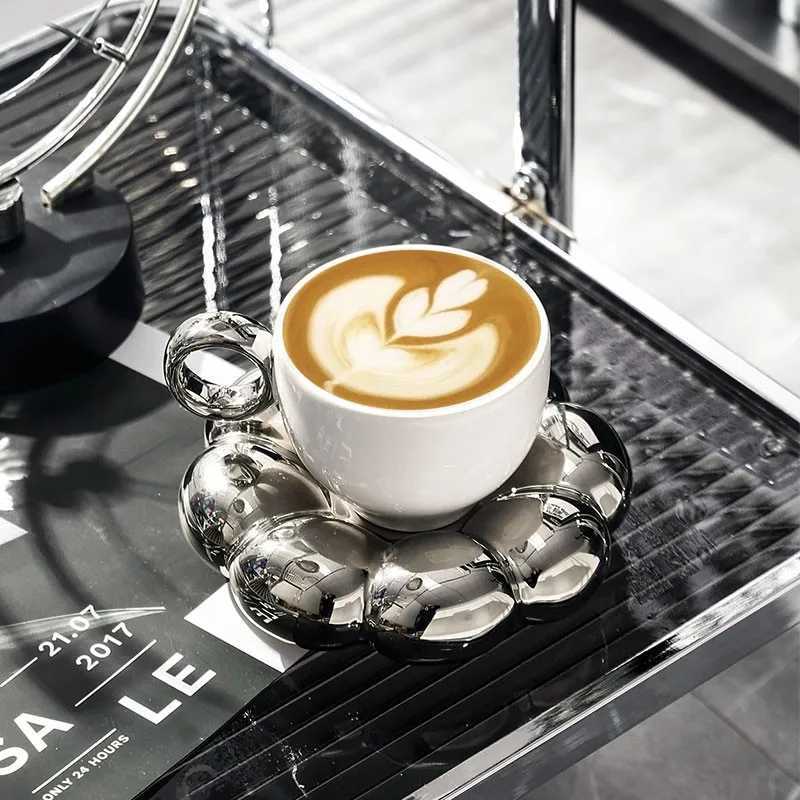New INS Electroplated Silver Coffee Mugs With Saucer Tea Cup Water Drinking Cups Dessert Dish Breakfast Milk Mug With Tray T260428