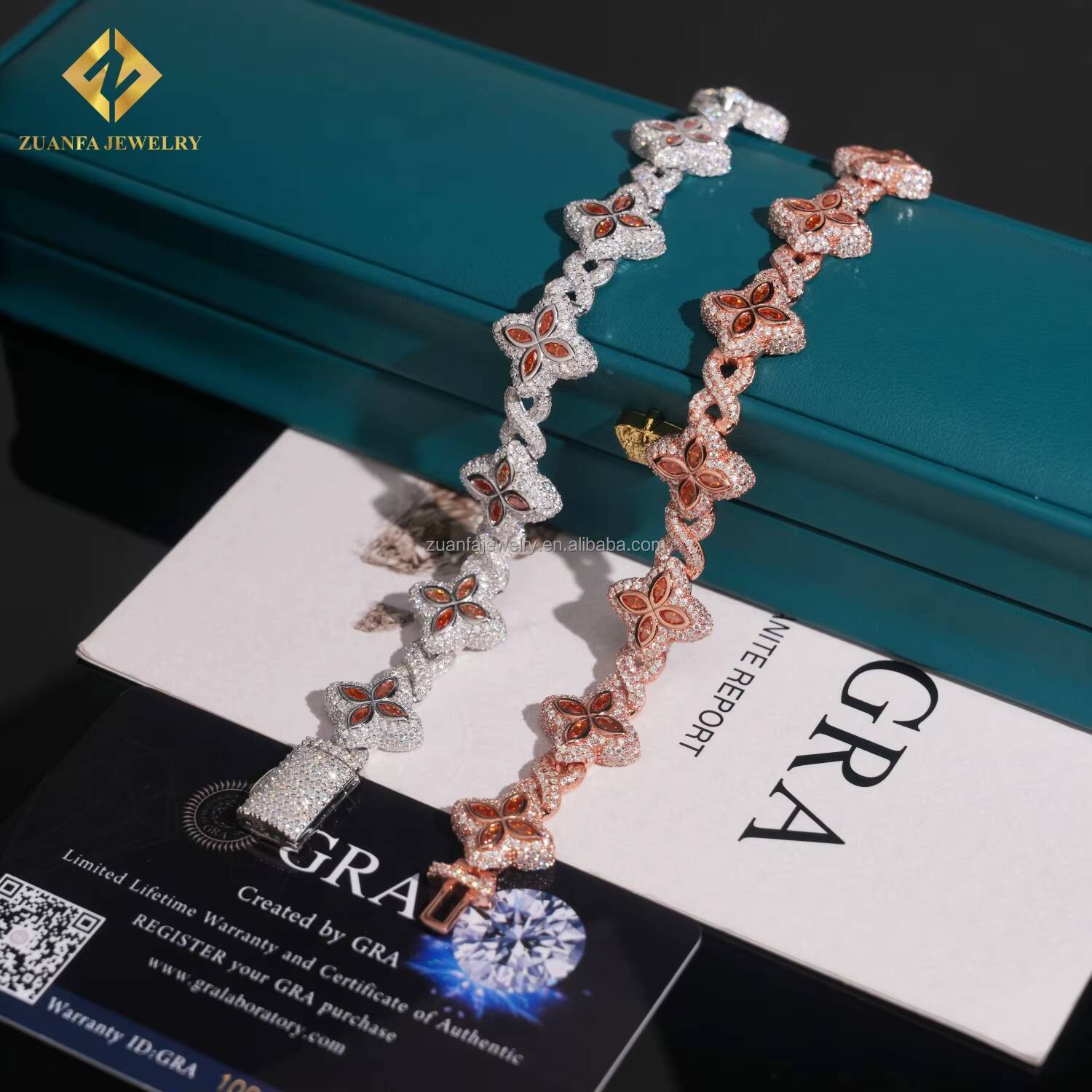 Fashion Style Unique Design Iced Out Hip Hop Jewelry S925 Silver Orange Moissanite Diamond Cleef Clover Infinity Cuban Bracelet