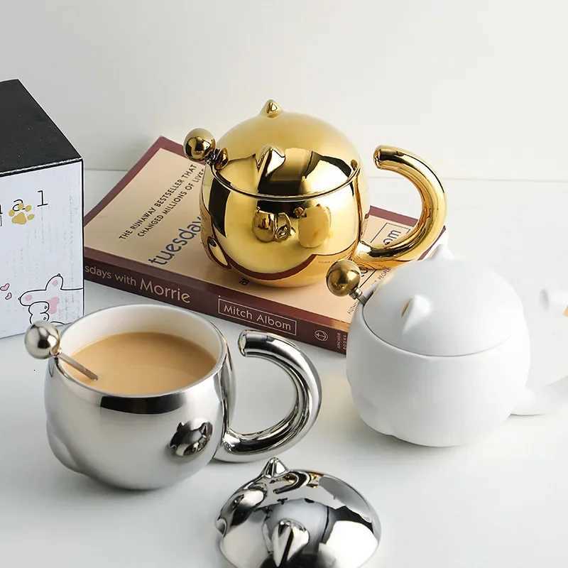330ML Ceramic Couple Cup Gold Silver Creative Mug Water Cup Female Spoon With Lid Cartoon Coffee Cup Give Friends Gift Y251119