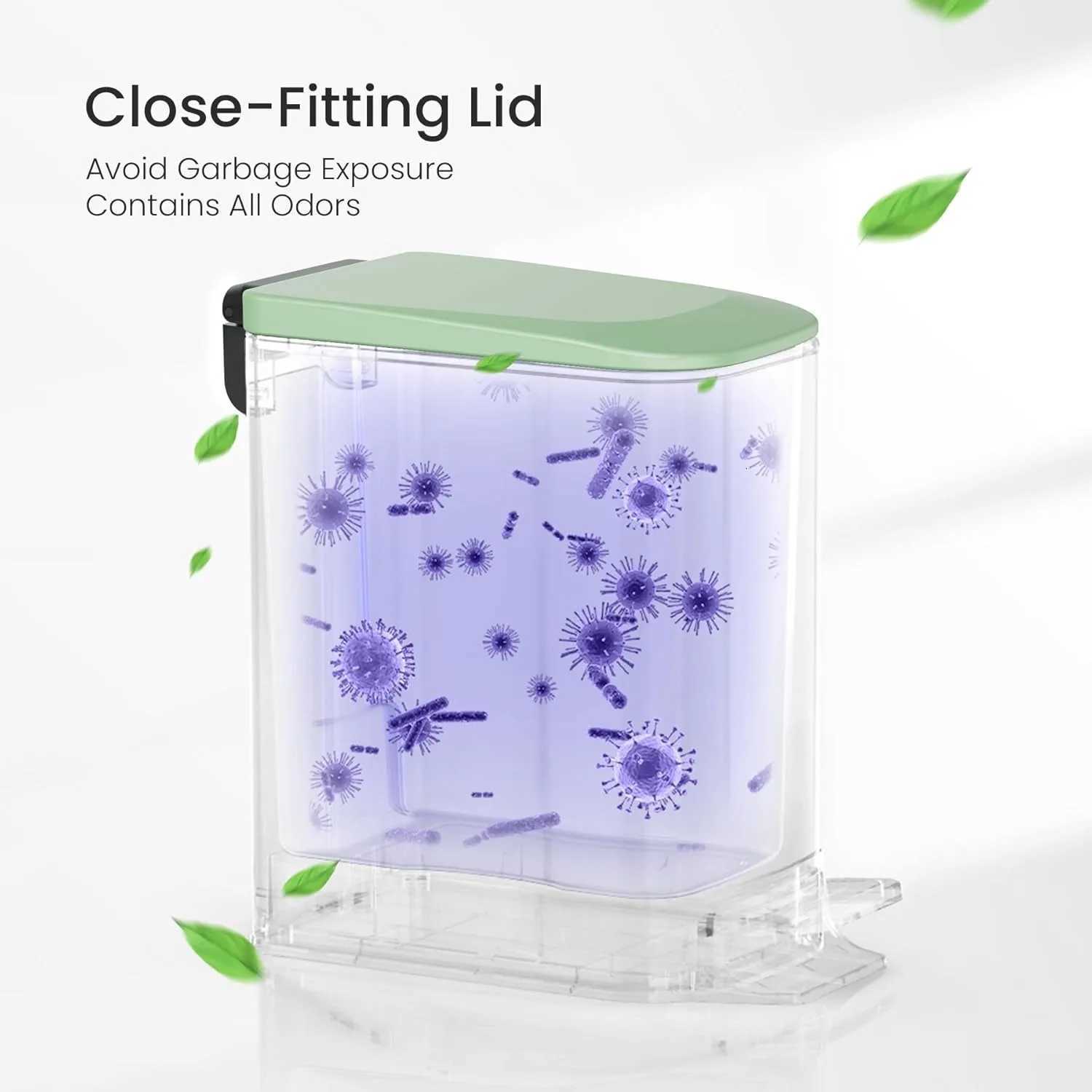 Small bathroom trash can with lid soft lid foot pedal 6 liters/16 gallons stainless steel matte green C251120