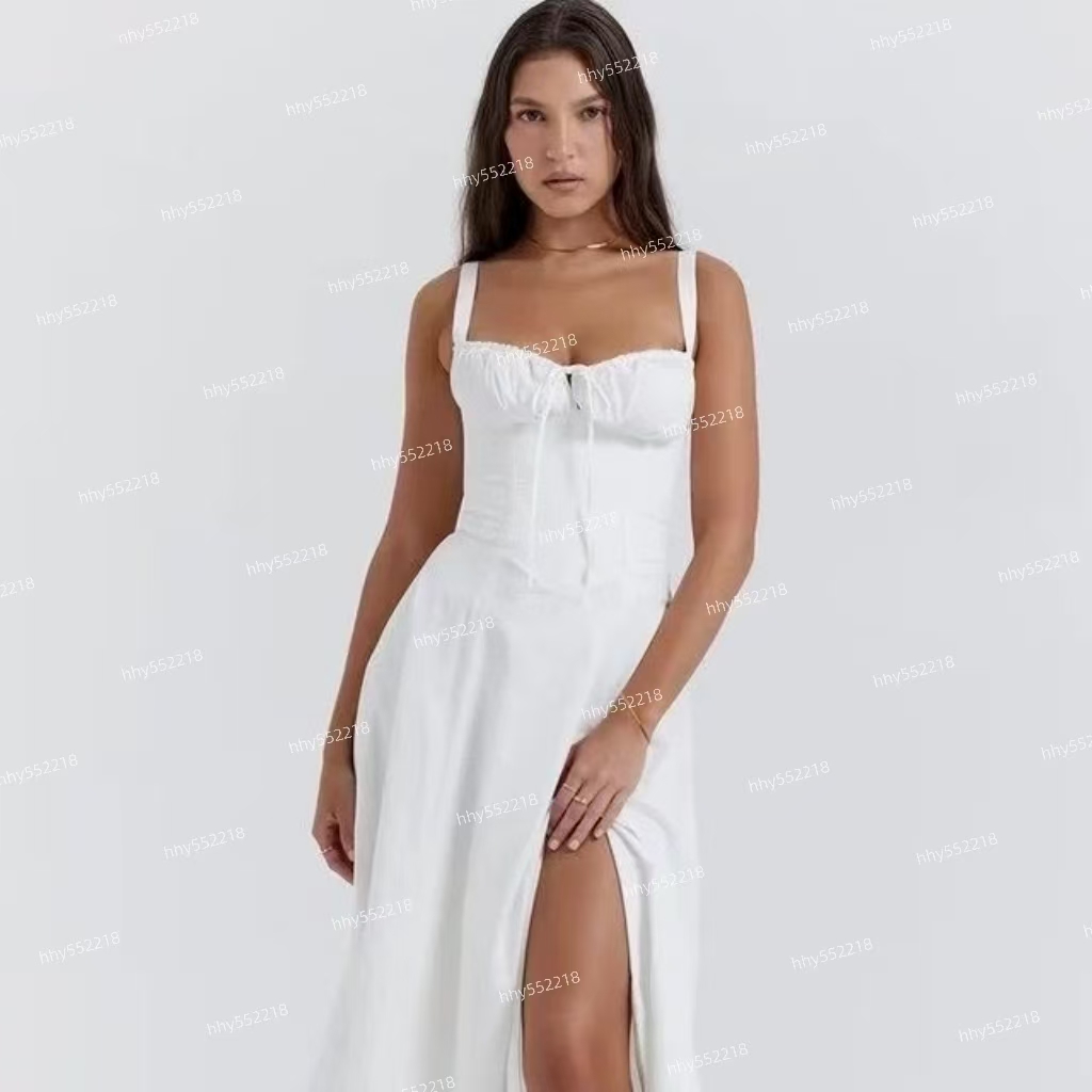 House Of Cb Casual Corset Split Skirt Bow Tie Chest Frill Details Print Floral Midi Dresses Back Lace Up Robe Clothing Women's Summer Long Dress