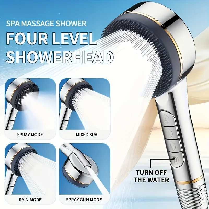 4 Modes Massage Shower Head Button Switch Large Flow Anti-bifurcation Silicone Water Outlet Water Saving Bathroom Shower HeadM251120