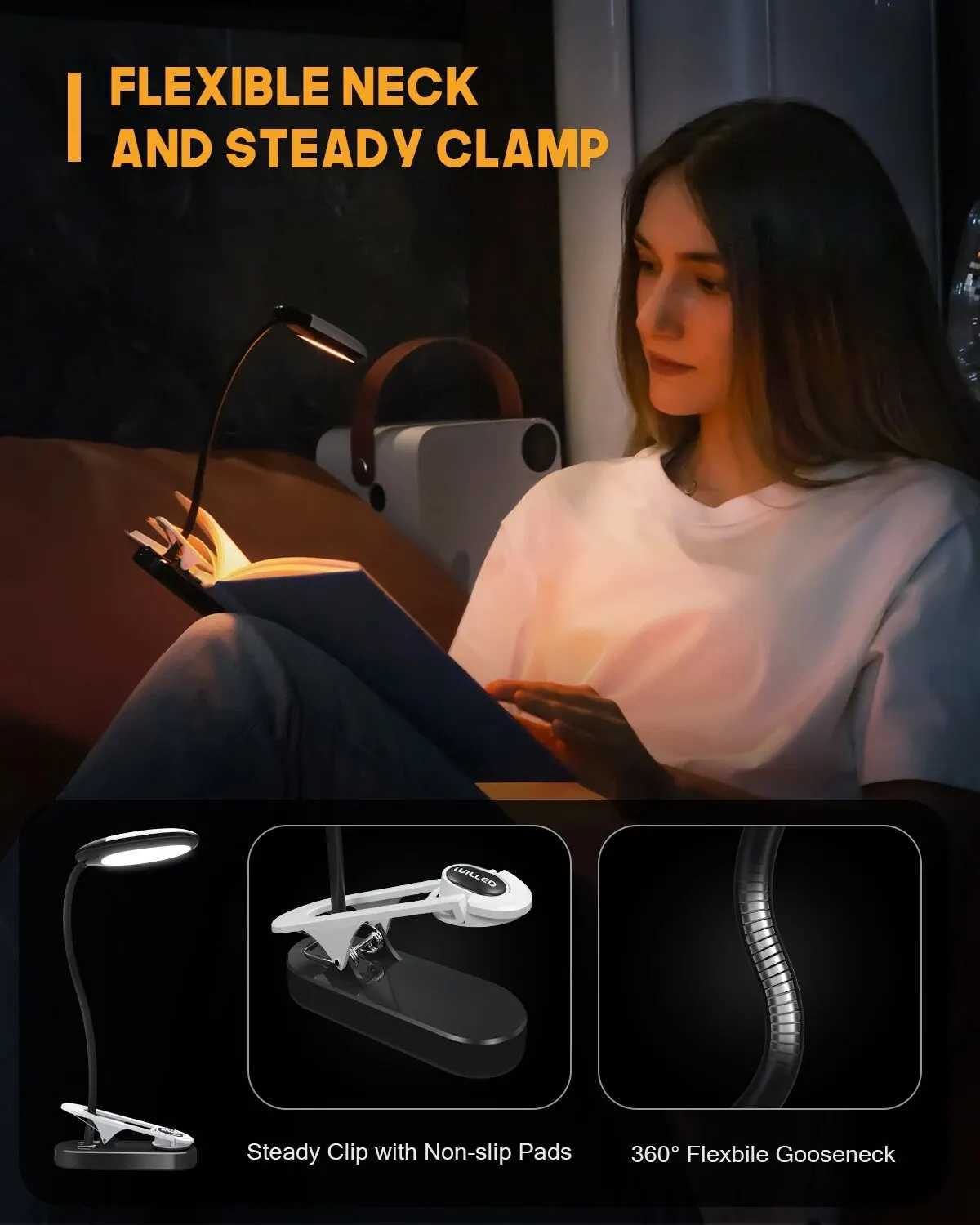 3 Colors 5 Brightness Displays Battery Power Rechargeable Mini LED Reading Light Flexible Easy Clip Night Reading Lamp in Bed M251120