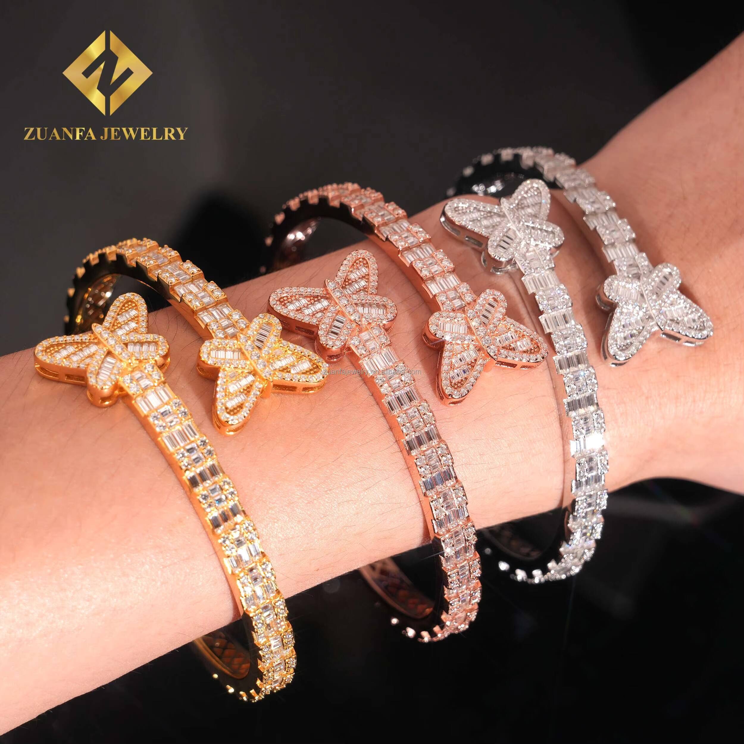 Fashion Drop Shipping Butterfly Rapper Jewelry Luxury Iced Out Hip Hop S925 Silver Baguette Moissanite Diamond Bangle Bracelet