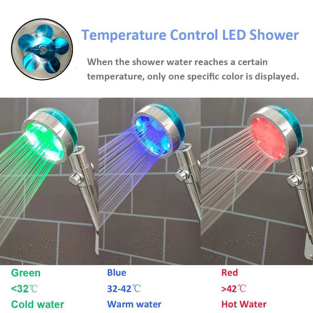 3/7 Colors Changes Led Shower Head with Propeller Stop Button Turbocharging High Pressure Showerhead Temperature Display ShowerM251120