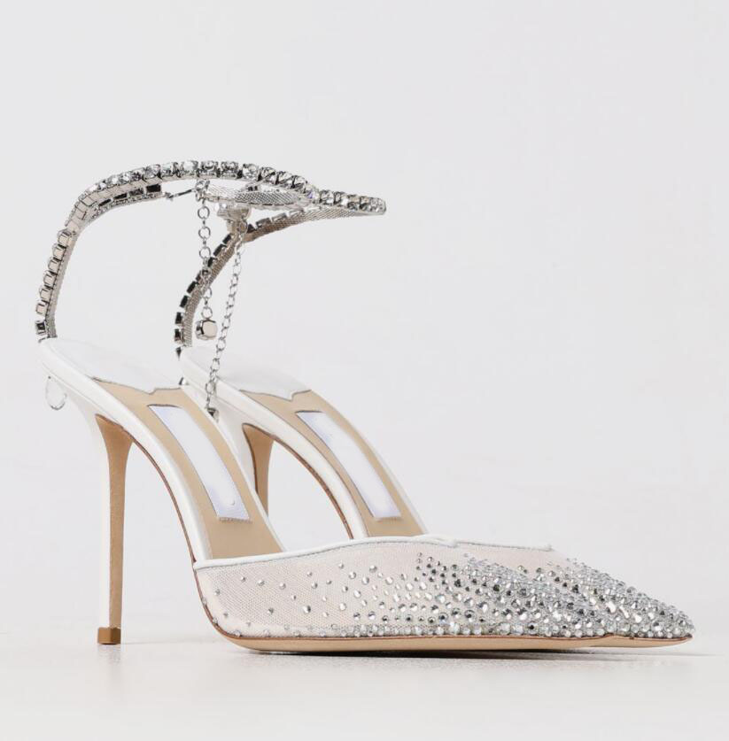 Women's Luxury Designer sandal high heels Ivory saedas satin patent leather pointed-toe open toe Crystal Chain Stiletto Heel Party Wedding Lady Gladiator Sandalias