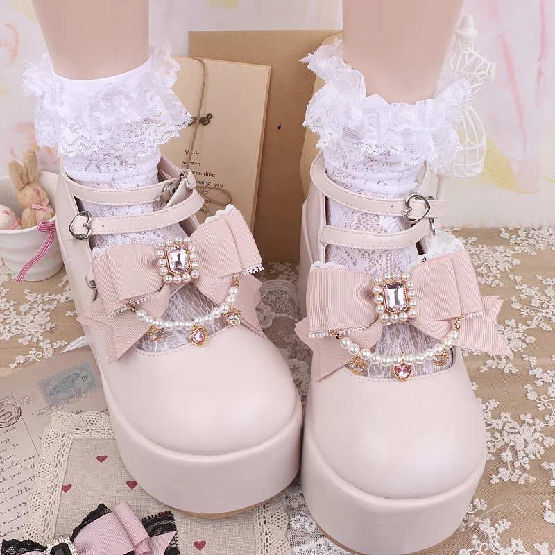 Jirai Kei Style Mine Lace Splicing Bow Shoes Accessories Lolita Beaded Heart Rhinestone Bow Shoe Clip Mary Janes Buckle250418bj