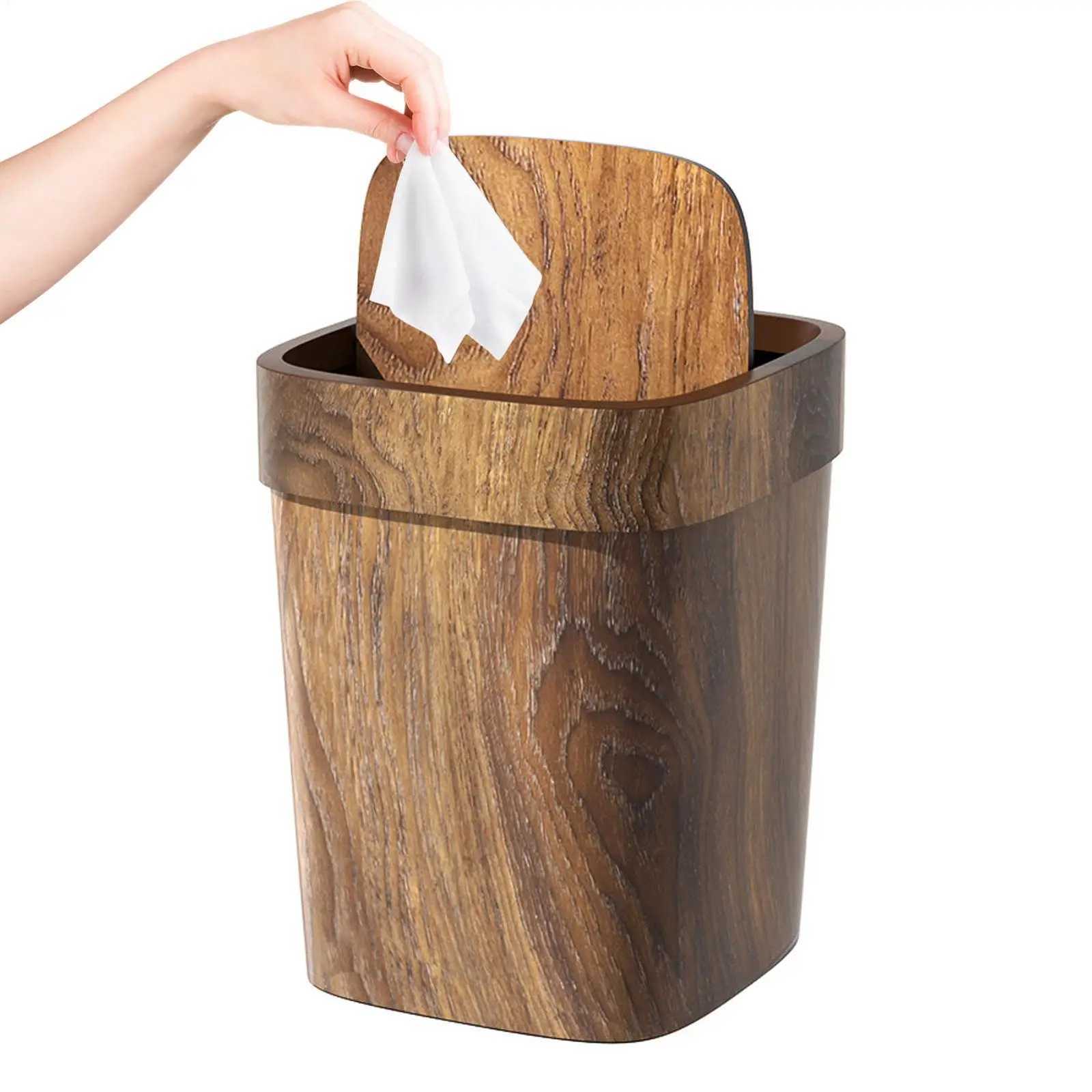 Imitation Wood Grain Garbage Can With Swing Lid 12L Garbage Bin Odor-Proof Litter Bin Rectangle Garbage Container Bin For Home C251120