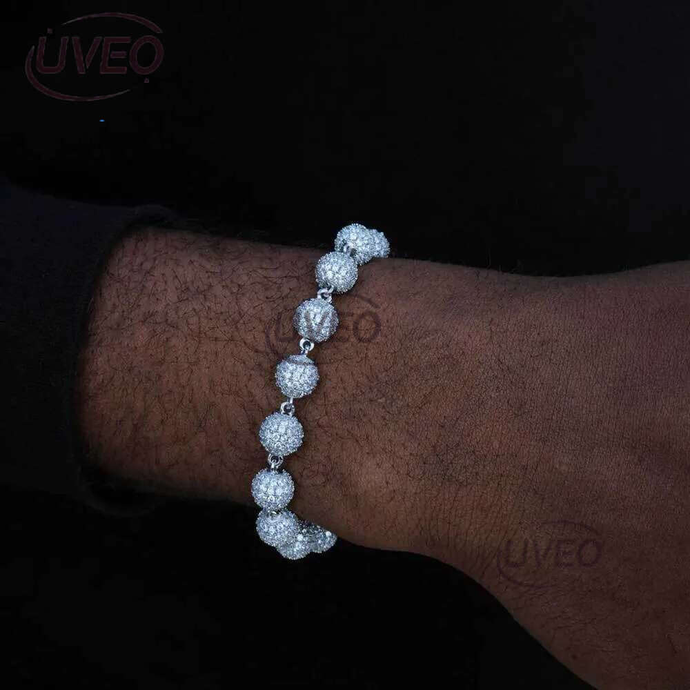 Luxury designer 8mm Hip Hop Ice Out VVS Moissanite Round bead ball Chain bracelet Gold Plated Sterling Silver Men's and Women's Jewelry Free