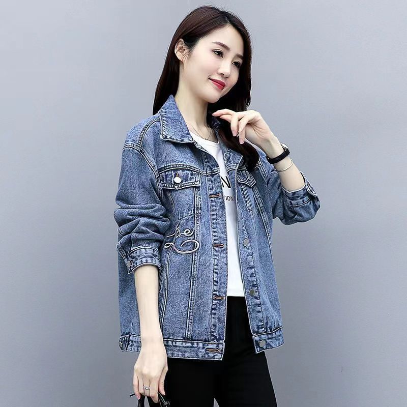 New denim jacket womens spring Hong Kong style loose and versatile embroidered letter long sleeved mid length jacket 201106