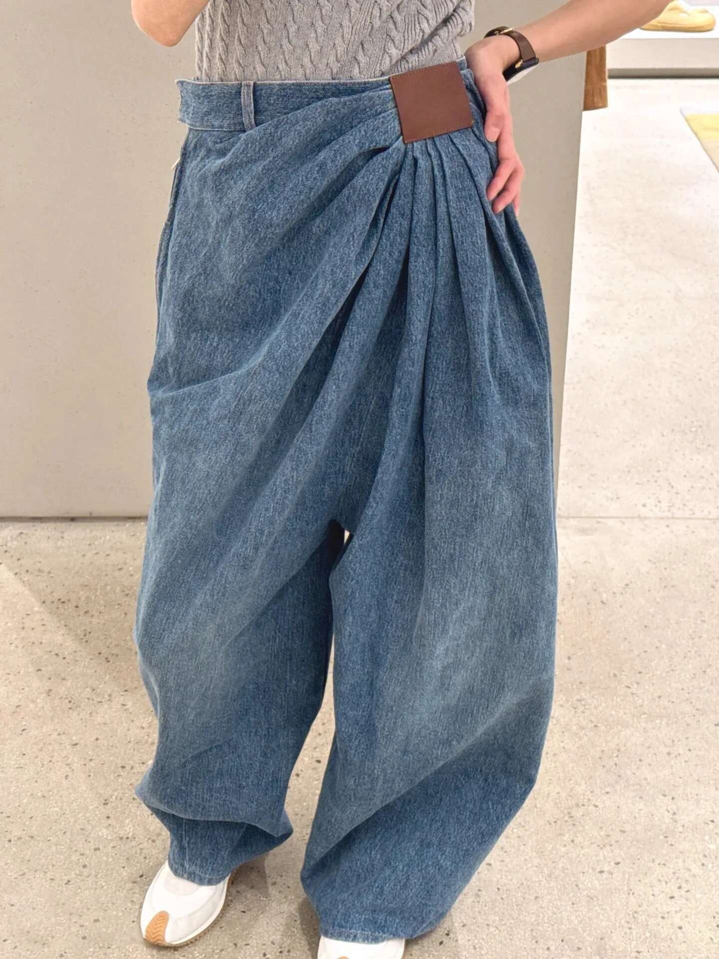 American Wide Leg Denim For Women In Spring And Autumn, Fashionable Pleated Design, Loose Or Length Pants
