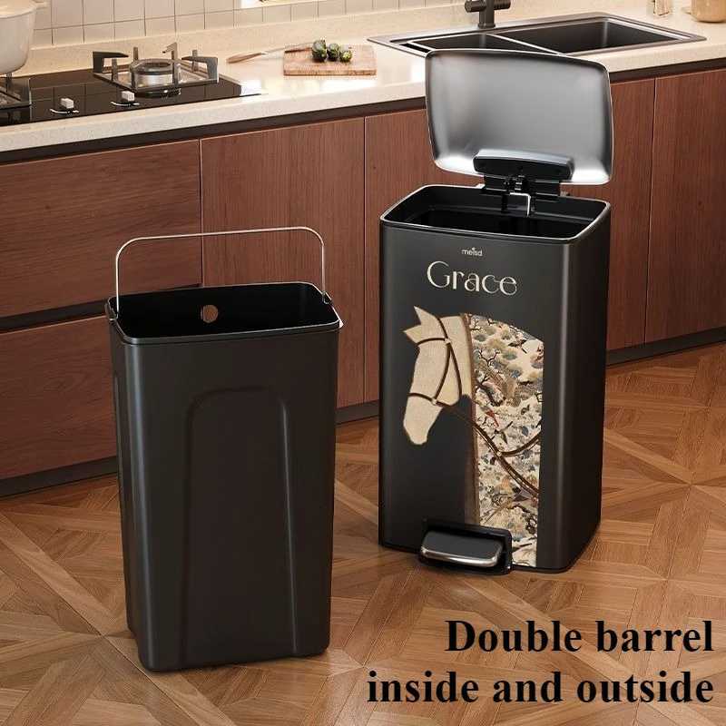 luxery Stainless Steel Waste Bins Foot Pedal Trash Cans Kitchen Modern Litter Bin Living Room Large Capacity Garbage Can with Lid C251120
