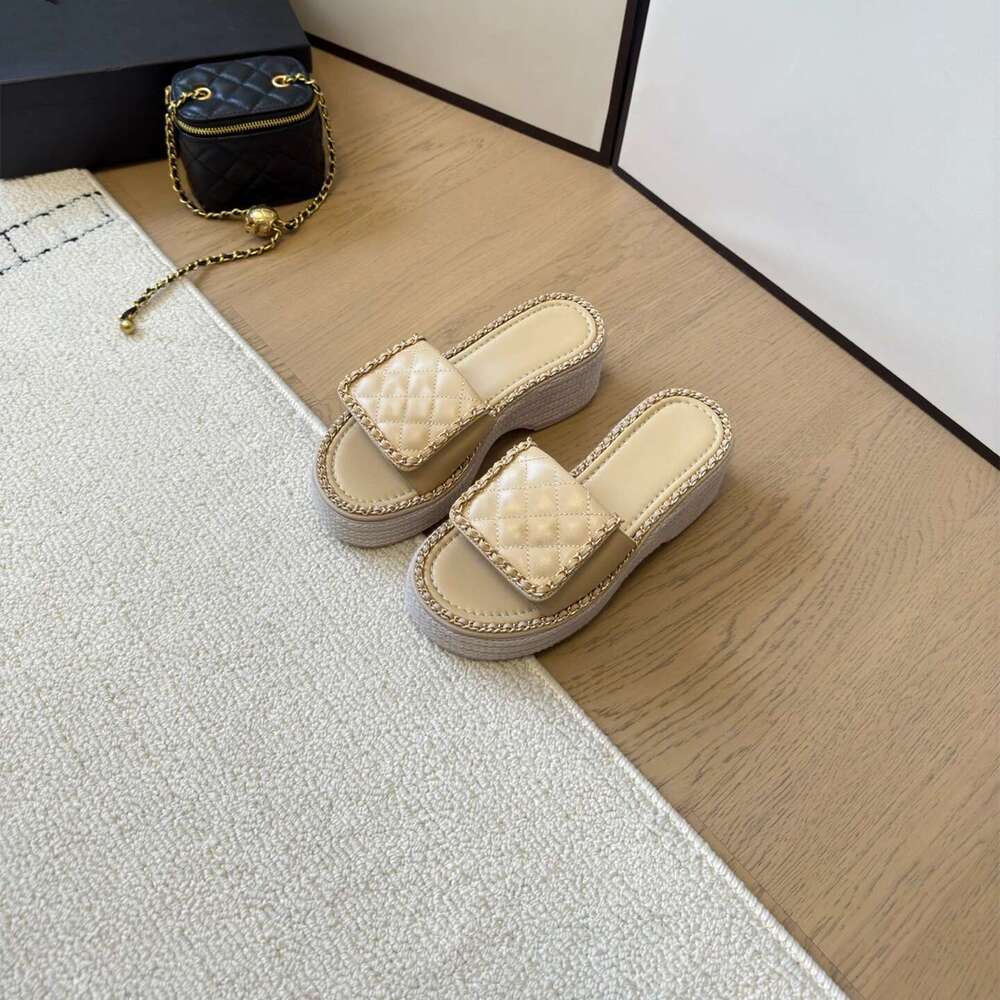 Women Size34-41 Genuine Leather Slipper High Heels Chain Summer Slides Flat Platform Designer Shoes atillas De Mujer