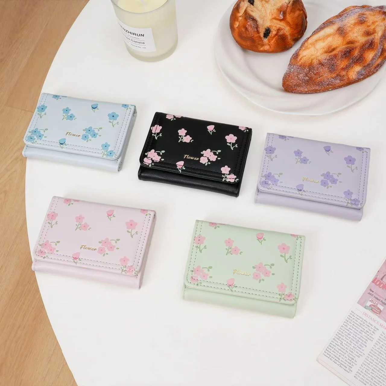 Women Fashion Flowers Short Wallet PU Leather Mini Coin Purse Tri-fold Portable Girls Card Holder INS Clutch BagW251120