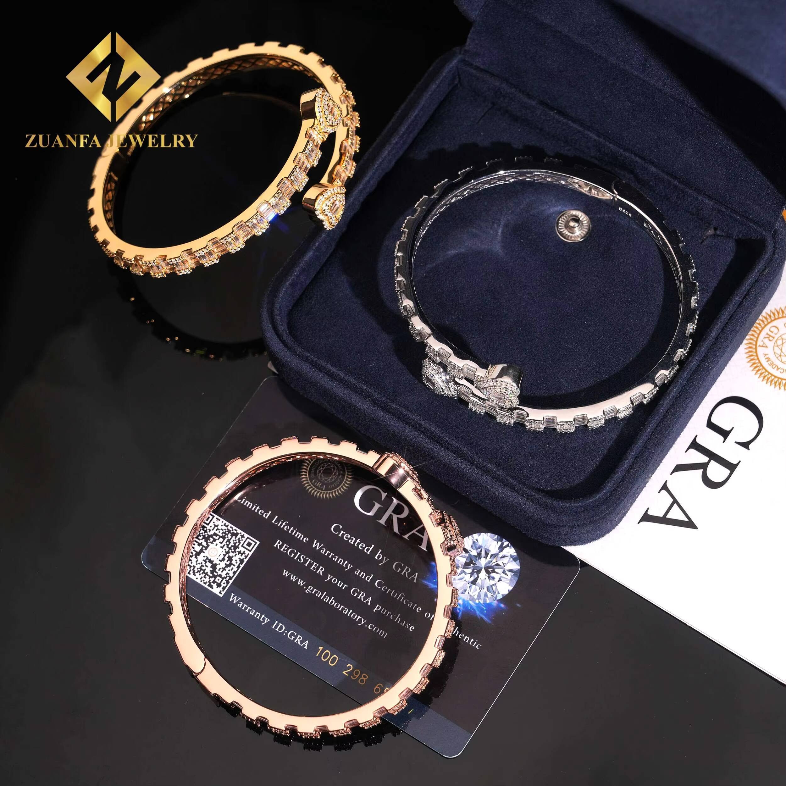 925 Sterling Silver Ajustable Openable Double With Heart Bangle Bracelets Baguette Diamond Vvs Moissanite Fashion Hip Hop Men