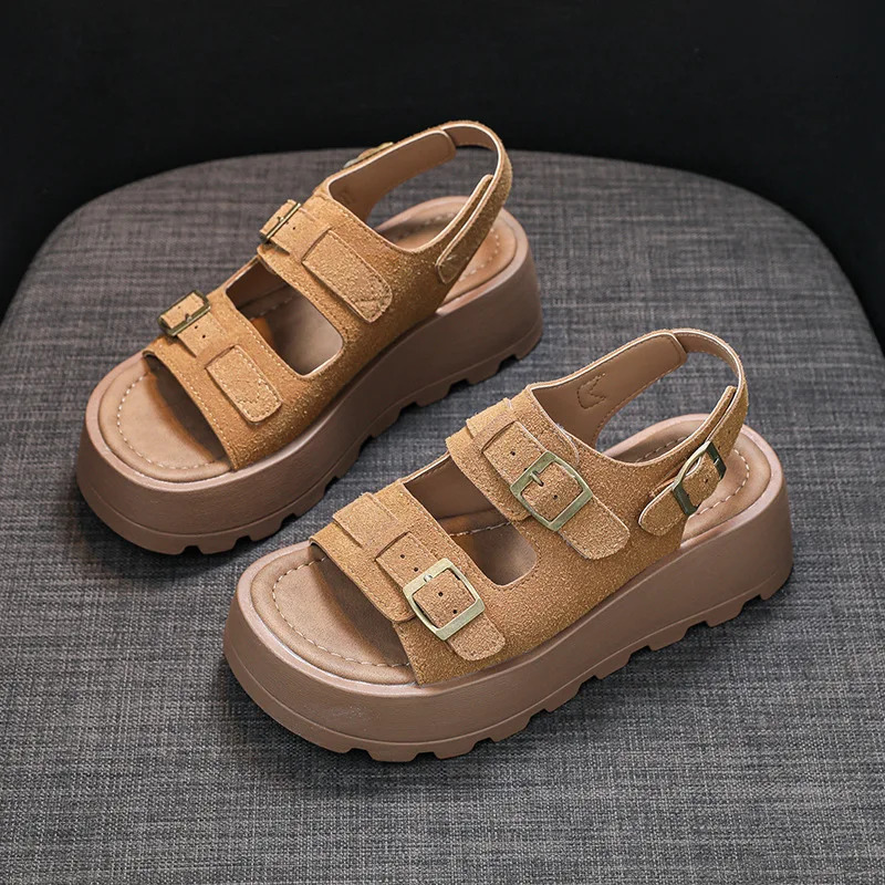 Retro belt buckle womens sandals can be worn in both directions for summer and spring fashionable highend sensory rubber sole with leather lining slid - view 5