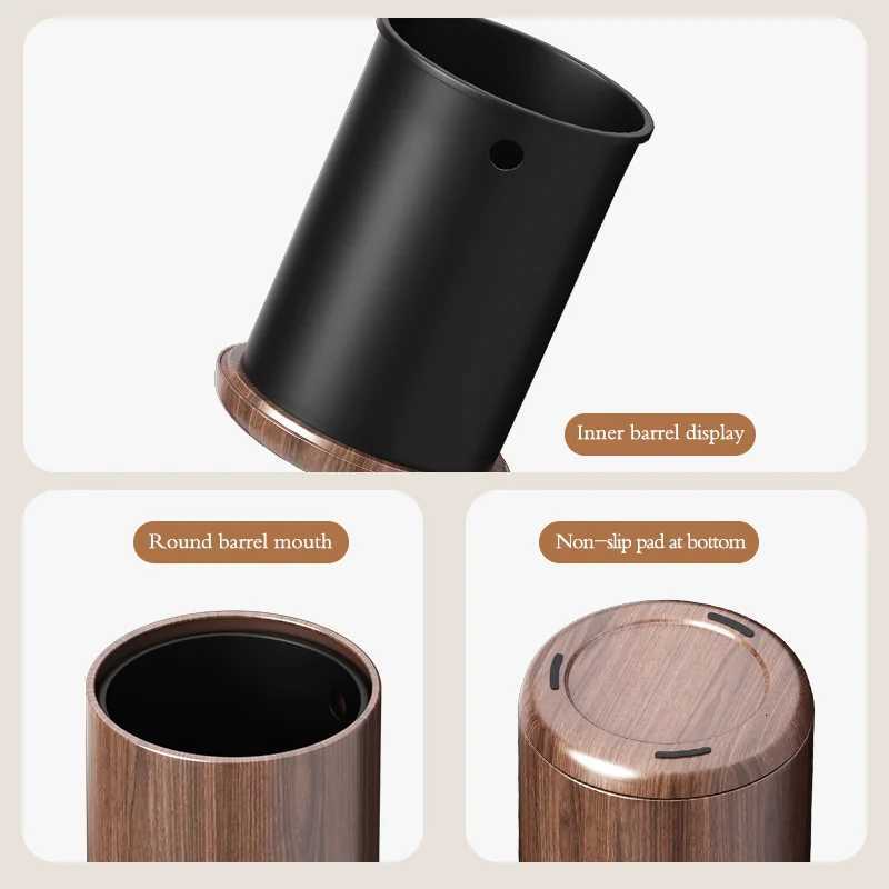 Leasylife Vintage Trash Can Walnut Wood Pattern WasteBasket Metal Body Household Garbage Can for Bathroom Living Room Home C251120
