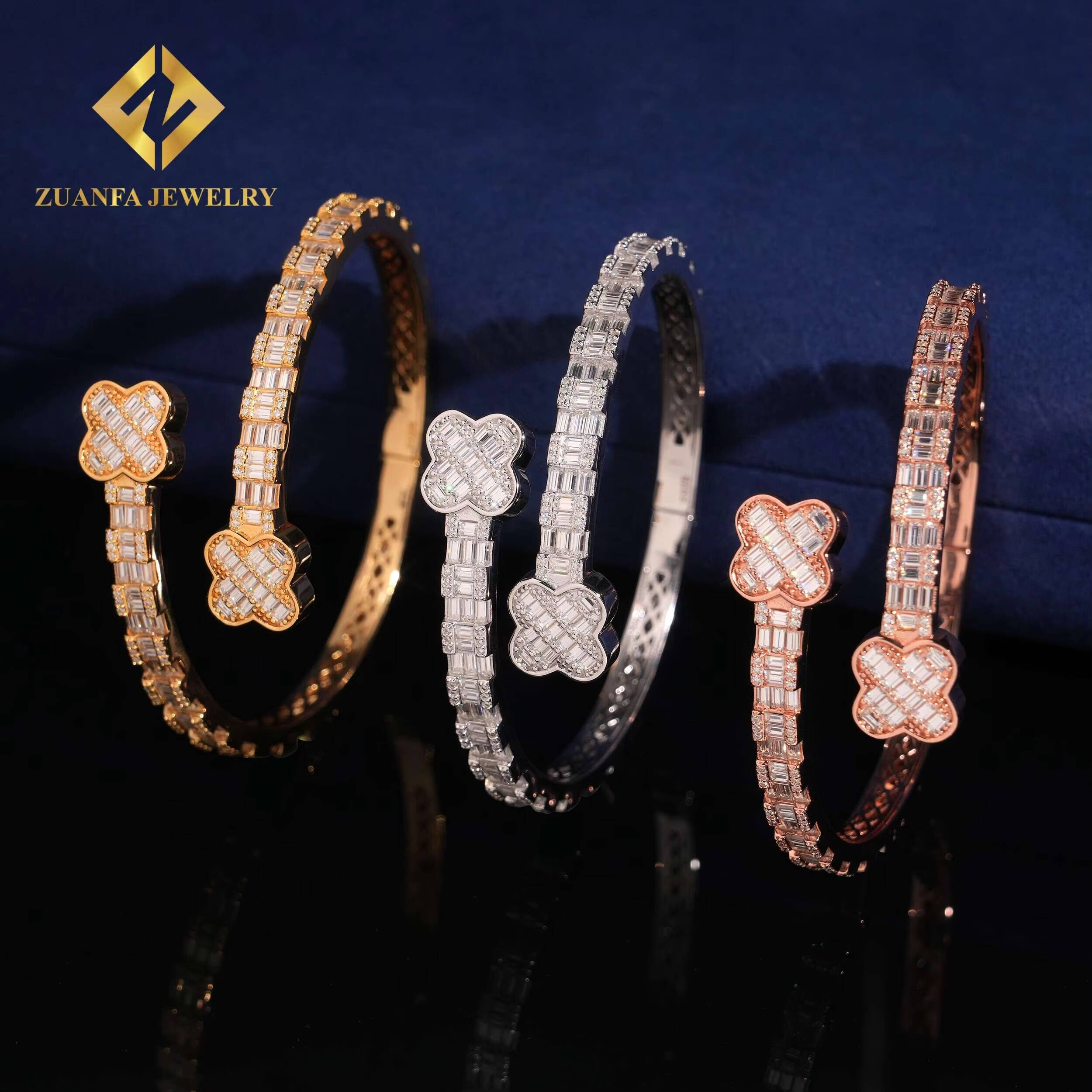 Luxury Jewelry 925 Sterling Silver Ajustable Openable Clover Four-Leaf Flower Bangle Bracelets Baguette Diamond Vvs Moissanite