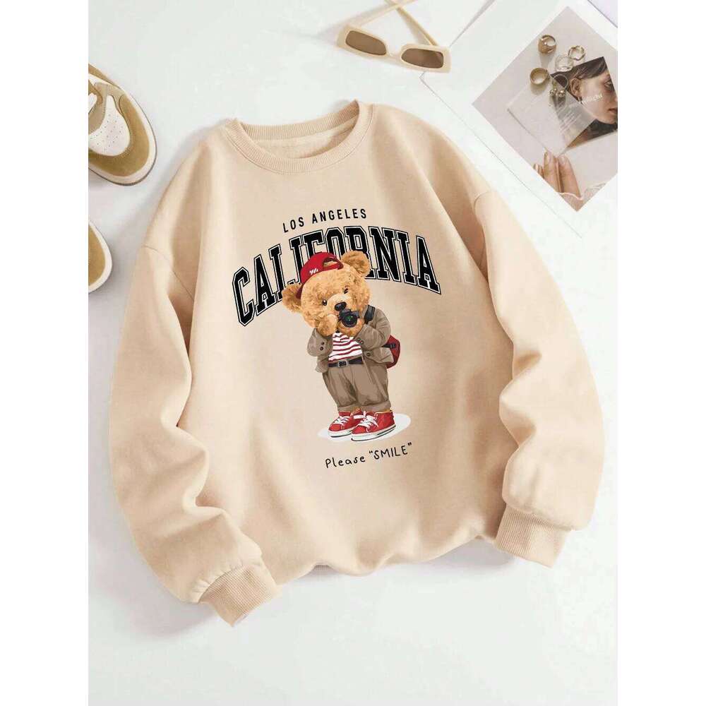 Fashion Women's Pullover Travel Photographer Bear Print Hoodie Breathable Loose Crew Neck Warm Sweatshirt Winter Clothing Y2k