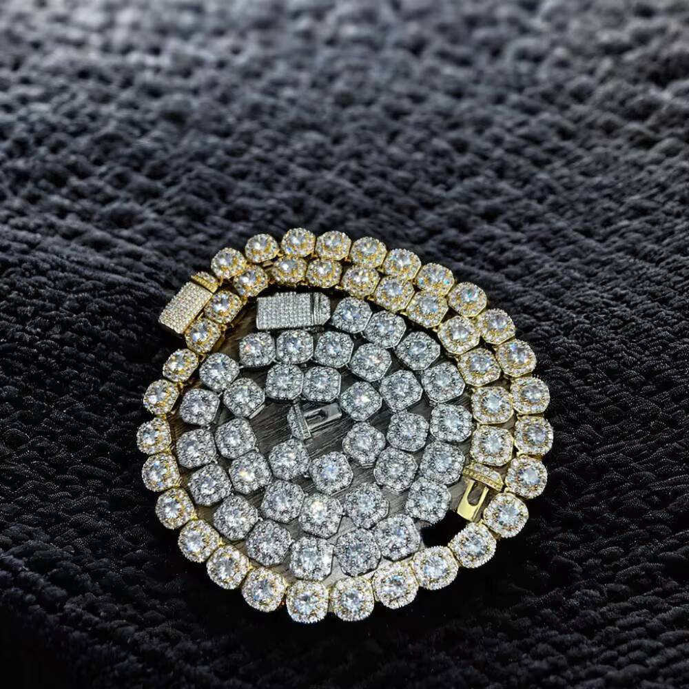 10mm Moissanite Chain Necklace Cluster Hiphop 925 Sterling Silver Iced Out VVS Diamond Moissanite Tennis Chain